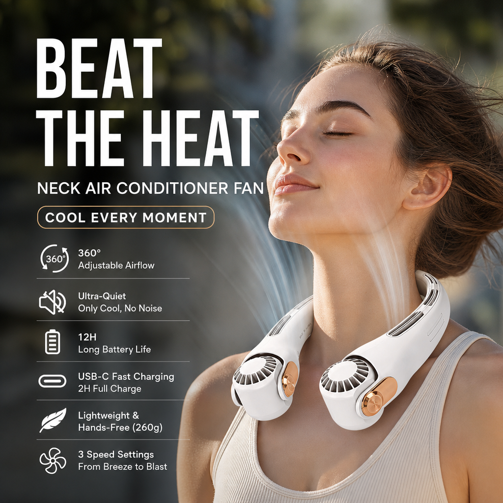 ⏰Last Day Special Price ￡13.99!!❄Neck Air Conditioner Fan – Ultra‑quiet, 360° rotating, 3 speeds. Hands‑free cooling, long battery. Summer essential! 😎🌬️