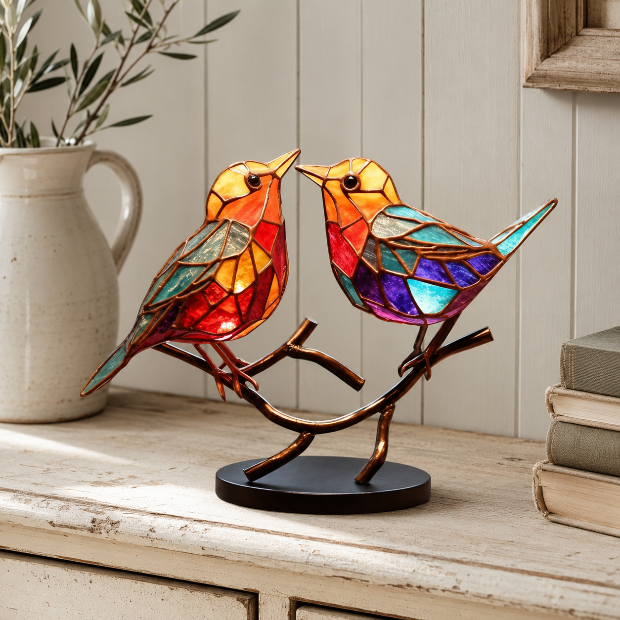 Stained Glass Birds on Branch Desktop Ornaments 🕊️