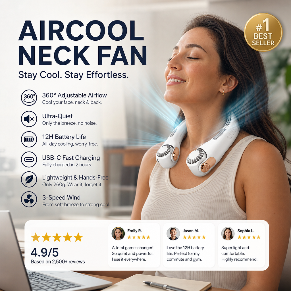 ⏰Last Day Special Price ￡13.99!!❄Neck Air Conditioner Fan – Ultra‑quiet, 360° rotating, 3 speeds. Hands‑free cooling, long battery. Summer essential! 😎🌬️