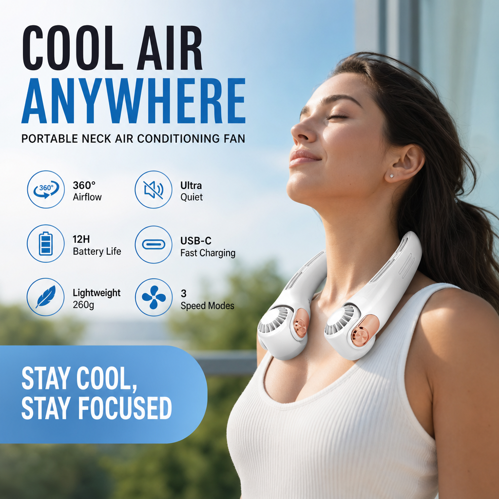 ⏰Last Day Special Price ￡13.99!!❄Neck Air Conditioner Fan – Ultra‑quiet, 360° rotating, 3 speeds. Hands‑free cooling, long battery. Summer essential! 😎🌬️